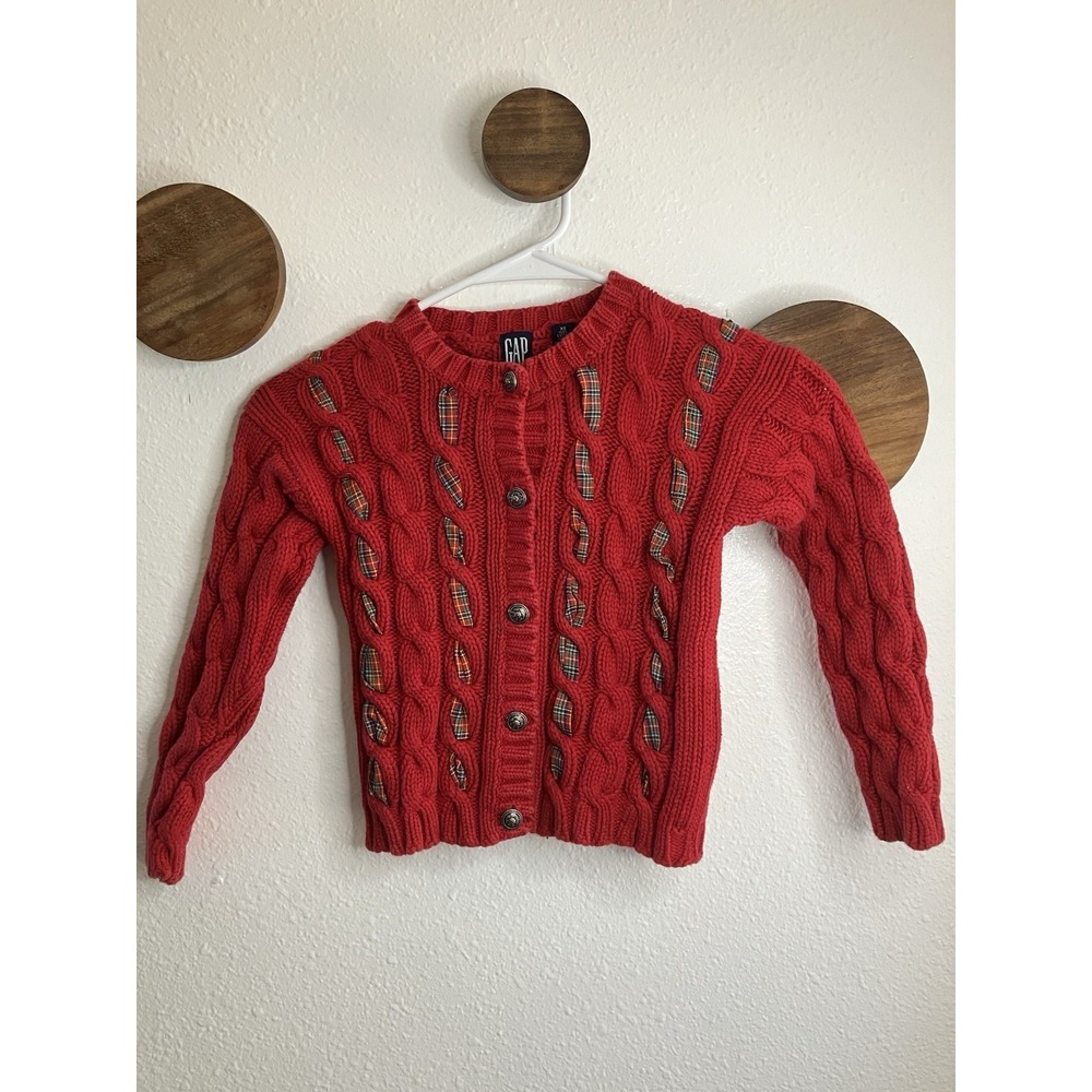 Vintage GAP Sweater Girls XS Red Cable Knit Plaid Ribbon Cardigan 90s‎